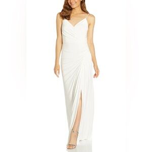 New Adrianna Papell Jersey Mermaid Sleeveless Front Slit Ruched Gown